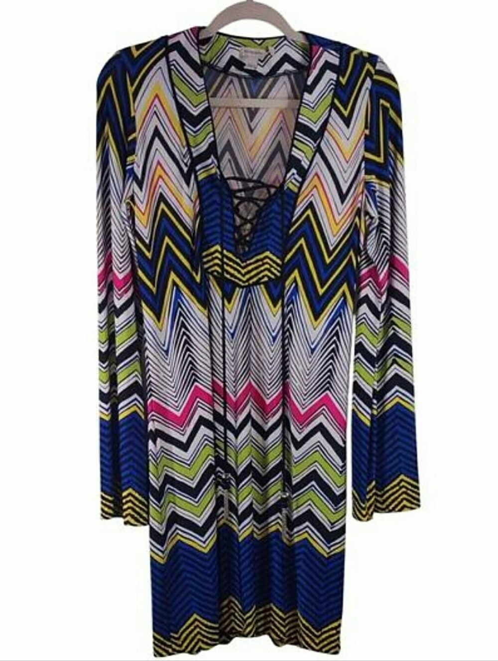 Multicolor Chevron Midi Dress with Drawstring-Excellent Condition